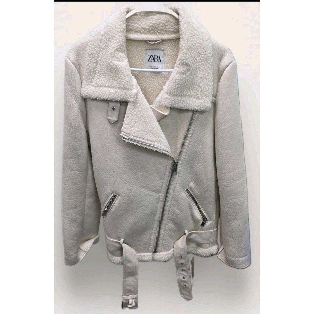 Zara Womens Faux Shearling Aviator Jacket Off White Ecru Moto Biker Coat Size M